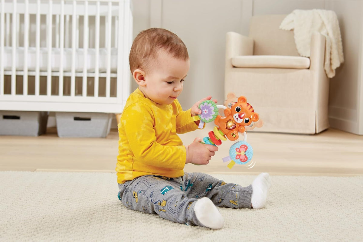 VTech Rattle & Roar Tiger | Baby Rattle with Lights, Music & Textured Pom Poms | Fine Motor & Sensory Development Toy for Infants