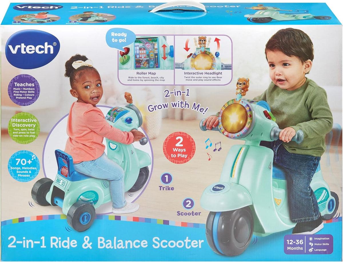 Vtech - 2-IN-1 Ride & Balance Scooter - Multicolour | Easily transforms from trike to balance bike. Interactive headlights and roller maps | Suitable ages 12m + up