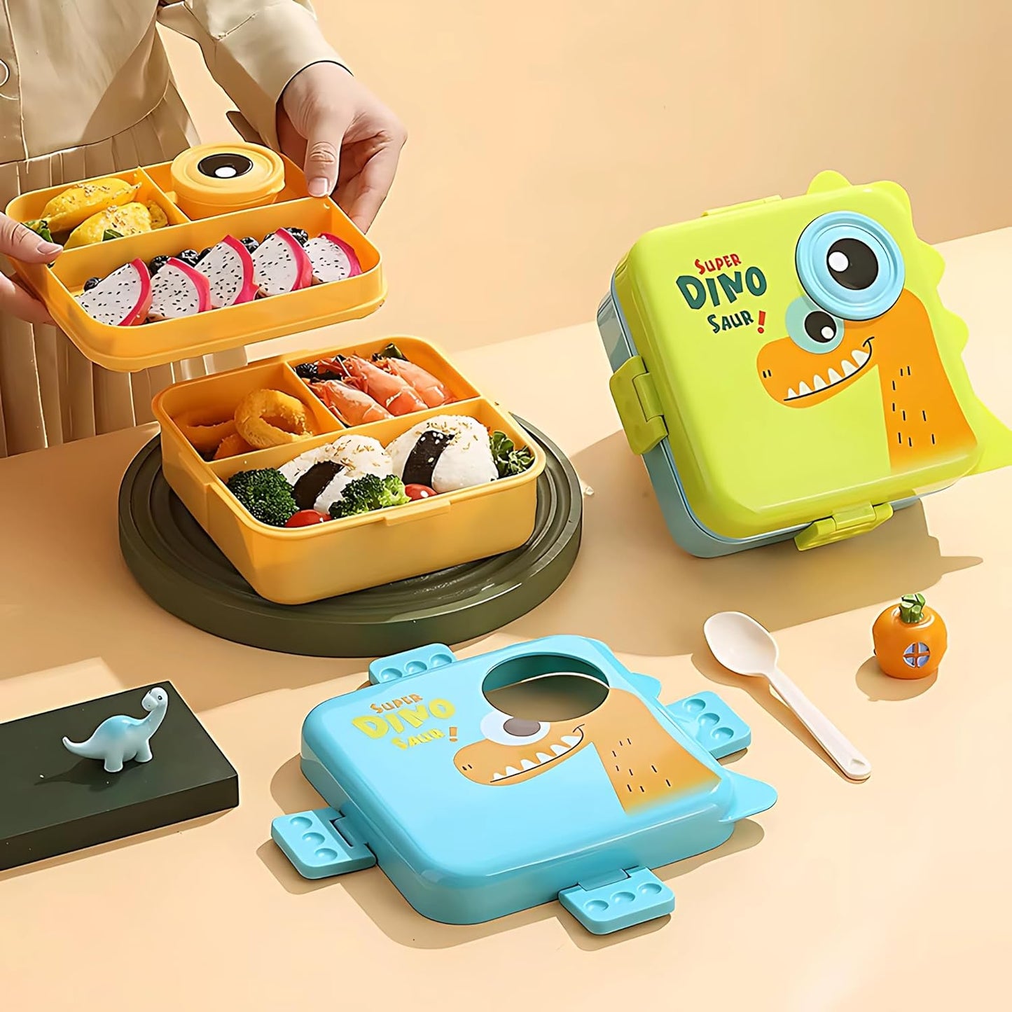 Kids Lunch Box with Spoon – Leakproof Double Decker Bento Box, Durable Plastic, Sealed for Freshness, Sauce Cup Included, Perfect for School & Travel, 1120ml (Dino Green)
