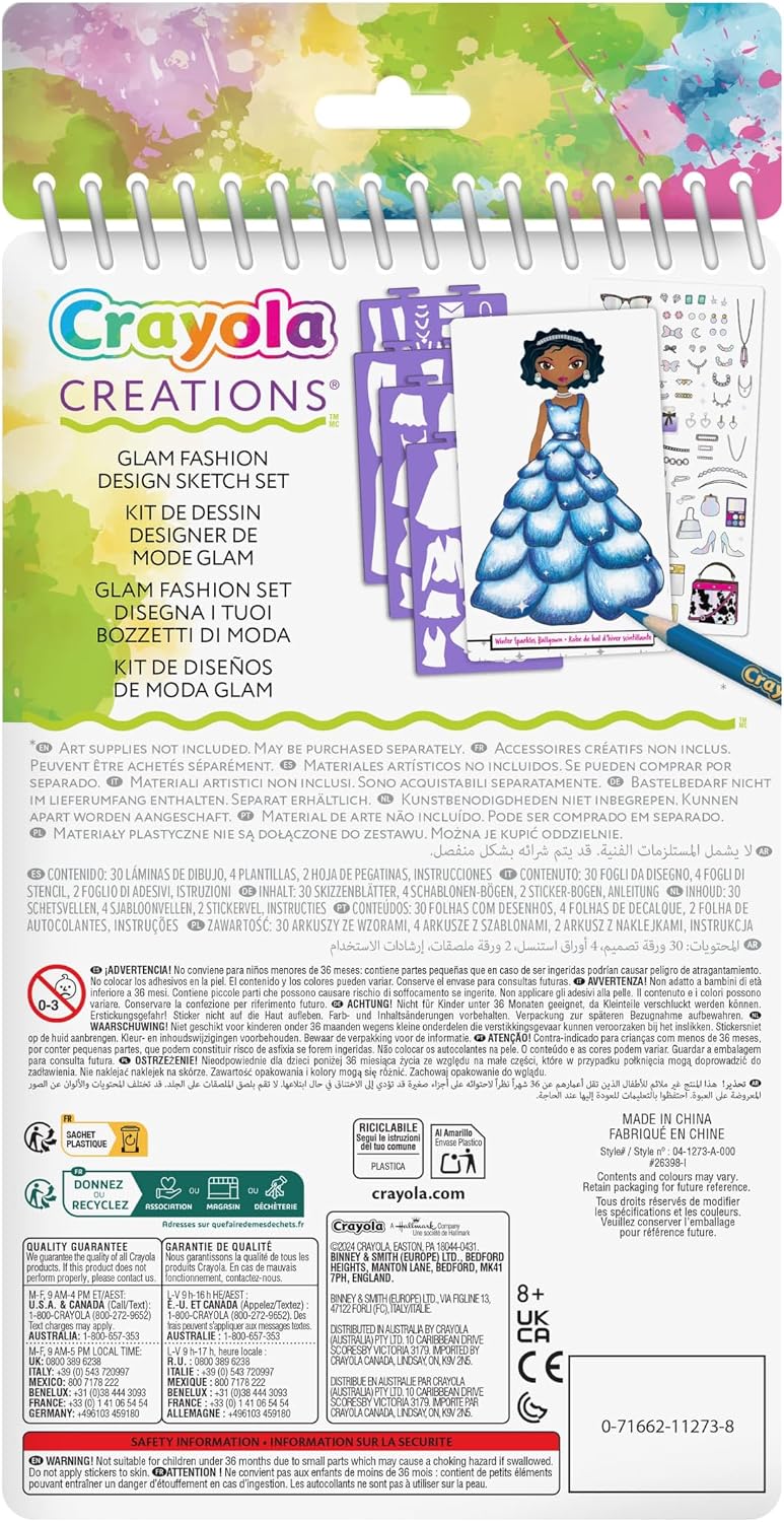 Crayola Creations Glam Fashion Set – 30-Page Drawing & Activity Kit with Stencils and Stickers | Create Your Own Fashion Collection | Creative Art Set for Girls Ages 8+