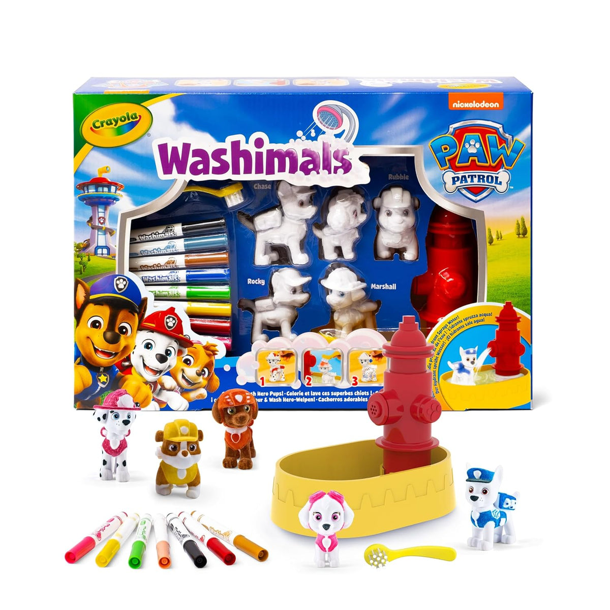Crayola - Washimals Paw Patrol Activity Kit with 5 Baby Animals, 8 Washable Felt Tips, Bath with Shower, Small Brush, Game and Gift for Children, from 3 Years