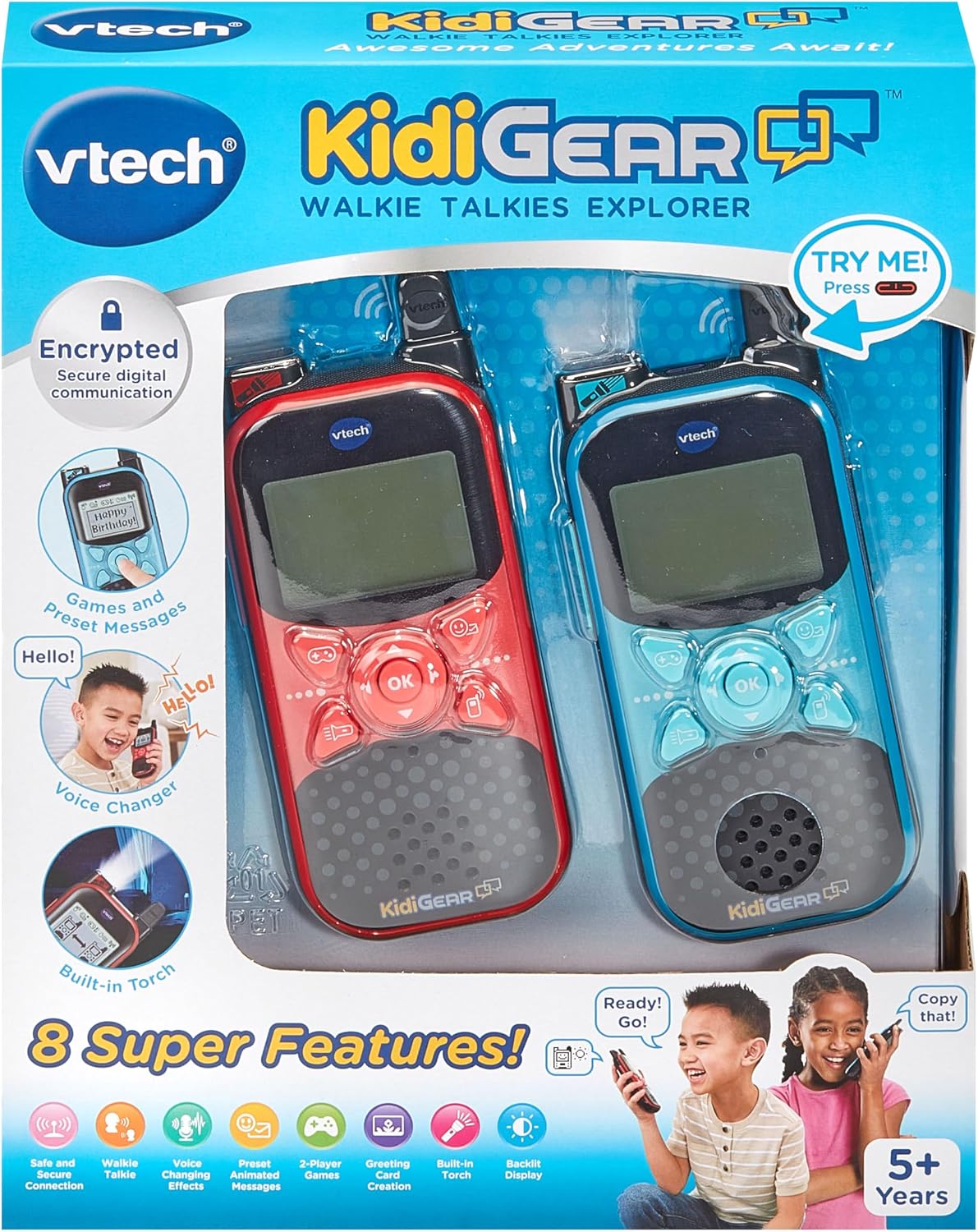 VTech KidiGear Walkie Talkies Explorer – Kids' indoor and Outdoor Walkie Talkies with Secure Digital Connection, Torch, Voice Effects, Animations & Games | Toy for Ages 5–7+
