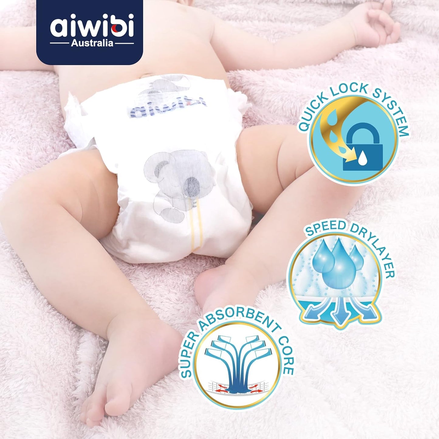 Aiwibi Ultra-thin premium baby Diapers, cotton-like, anti-irritation, Size M (5-9kg) 62 counts.