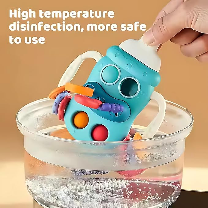 Bottle-Shaped Montessori Teether Toy for Toddlers – Sensory Learning Activity with Pull Strings, Beads, Gears & Teether Accessories Early Development Toy 3M+ (TOY-002-Blue)