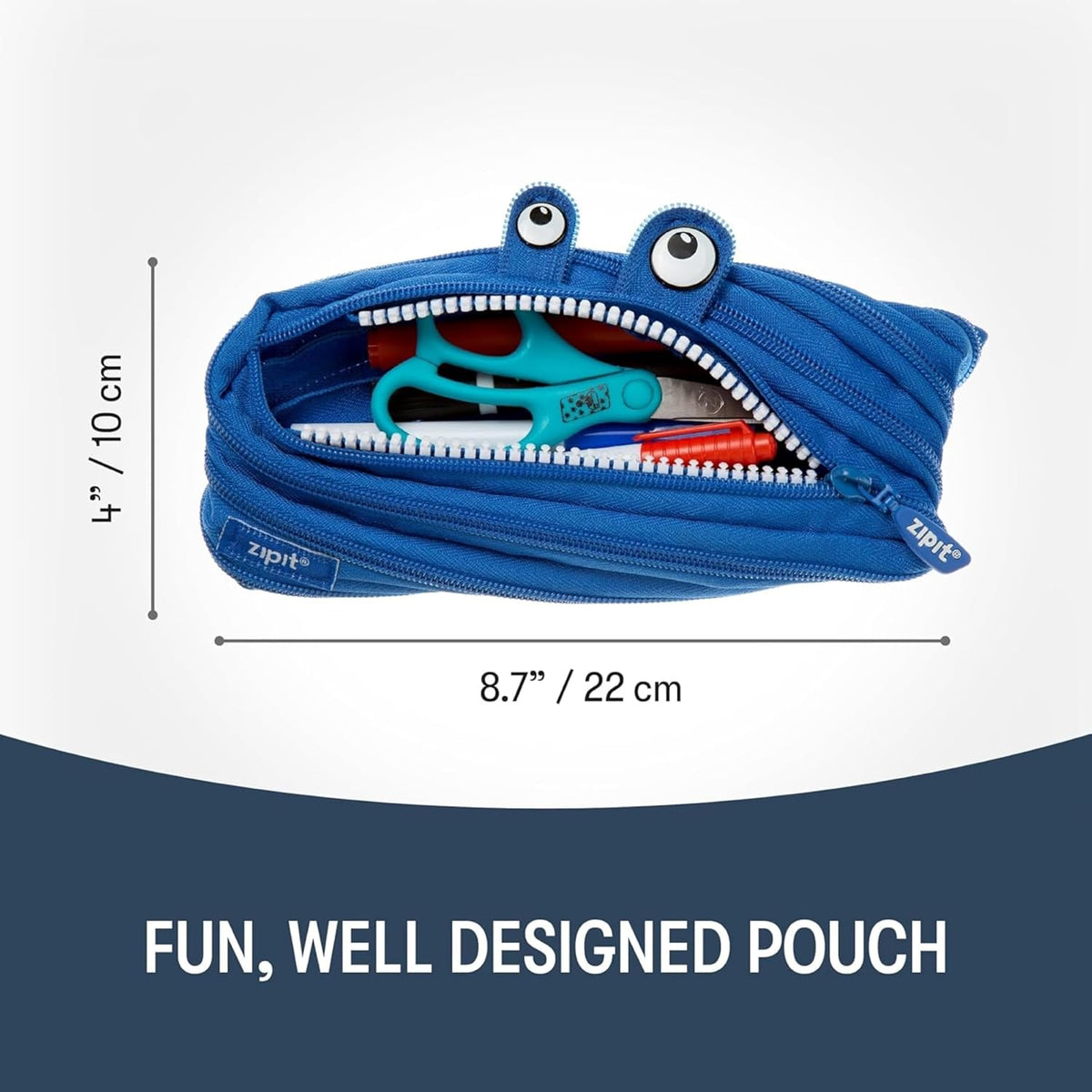 ZIPIT - Monstar Pencil Case for Boys, Holds Up to 30 Pens, Machine Washable, Made of One Long Zipper! (Blue)