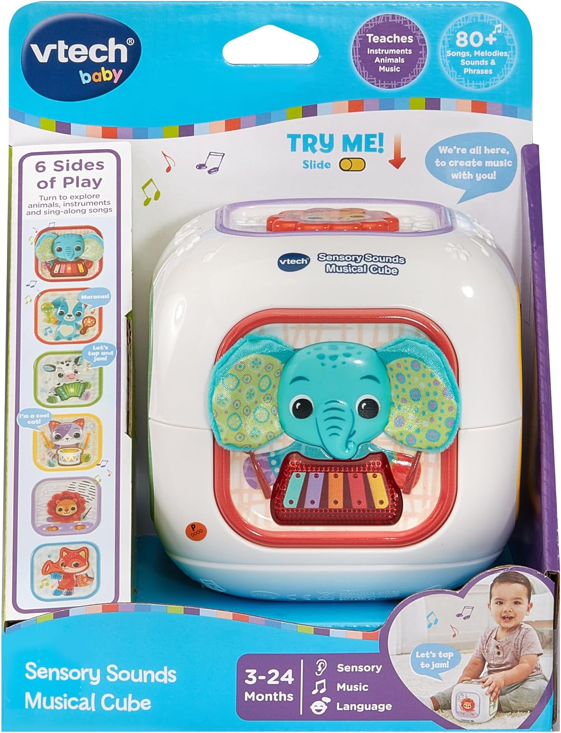 VTech Baby Sensory Sounds Musical Cube – Interactive Baby Toy with Nursery Rhymes, Classical Tunes & Textured Manipulatives | Teaches Animals & Instruments | For Ages 3–18 Months+