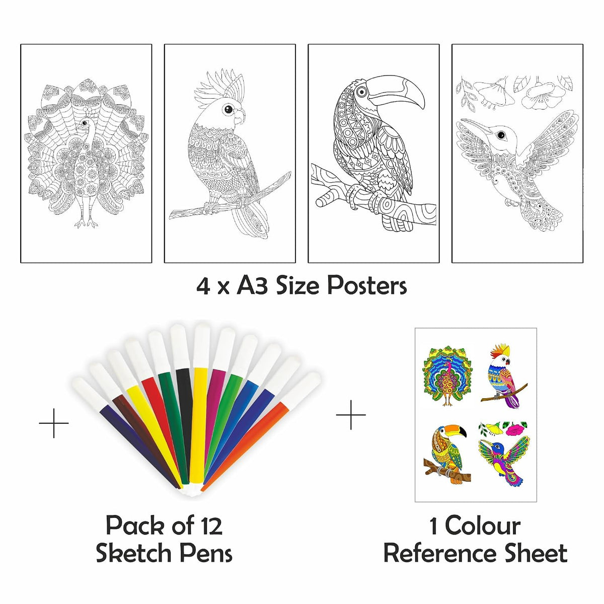 Unikplay Doodle Colouring Kit – Birds | Creative Art & Craft Set with Posters, Markers & Stickers for Kids