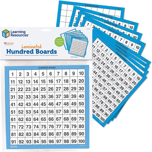 Learning Resources Laminated Hundred Boards, Dry Erase Counting Aid, Set of 10, Ages 5+, Multicolor, Model:LER0375 Multi color, 11" x 11", Multi-colour