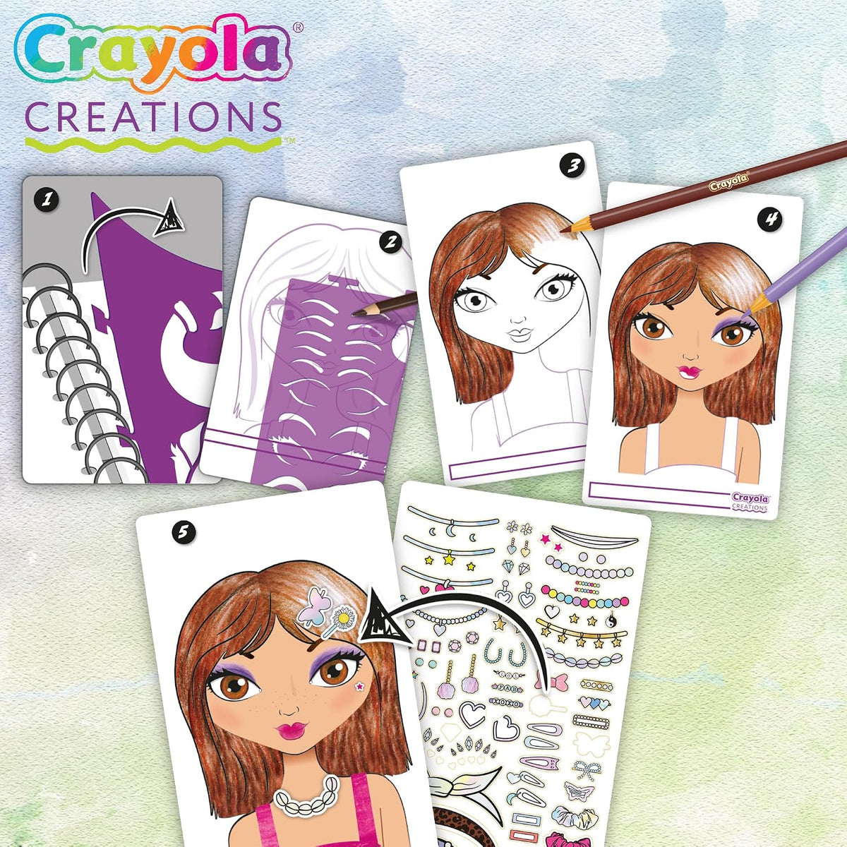 Crayola - Creations Compact Make-Up Artist Sketch Set | includes tutorial pages with beauty and makeup secrets and many pages of sketches |  trendy makeup and hairstyle tests and always find new fashion combinations | Ages 6+