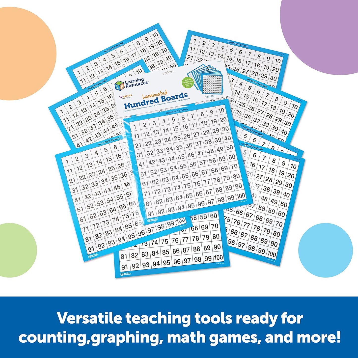 Learning Resources Laminated Hundred Boards, Dry Erase Counting Aid, Set of 10, Ages 5+, Multicolor, Model:LER0375 Multi color, 11" x 11", Multi-colour