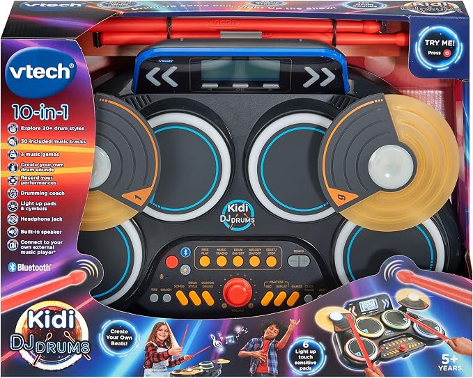 Vtech - KIDI DJ DRUMS Light up kit with Bluetooth® and Audio Port - Multicolour | Kidi drum create your own music | Suitable for ages 5 + up