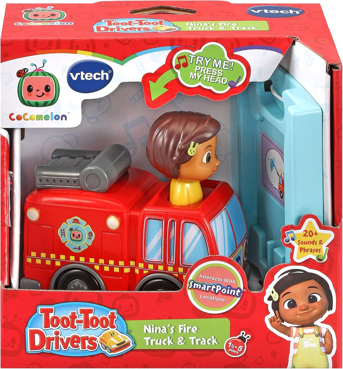 VTech CoComelon Go! Go! Smart Wheels Nina’s Fire Truck & Track, Fire Sounds & Songs with SmartPoint, Ages 1.5 – 5 Years