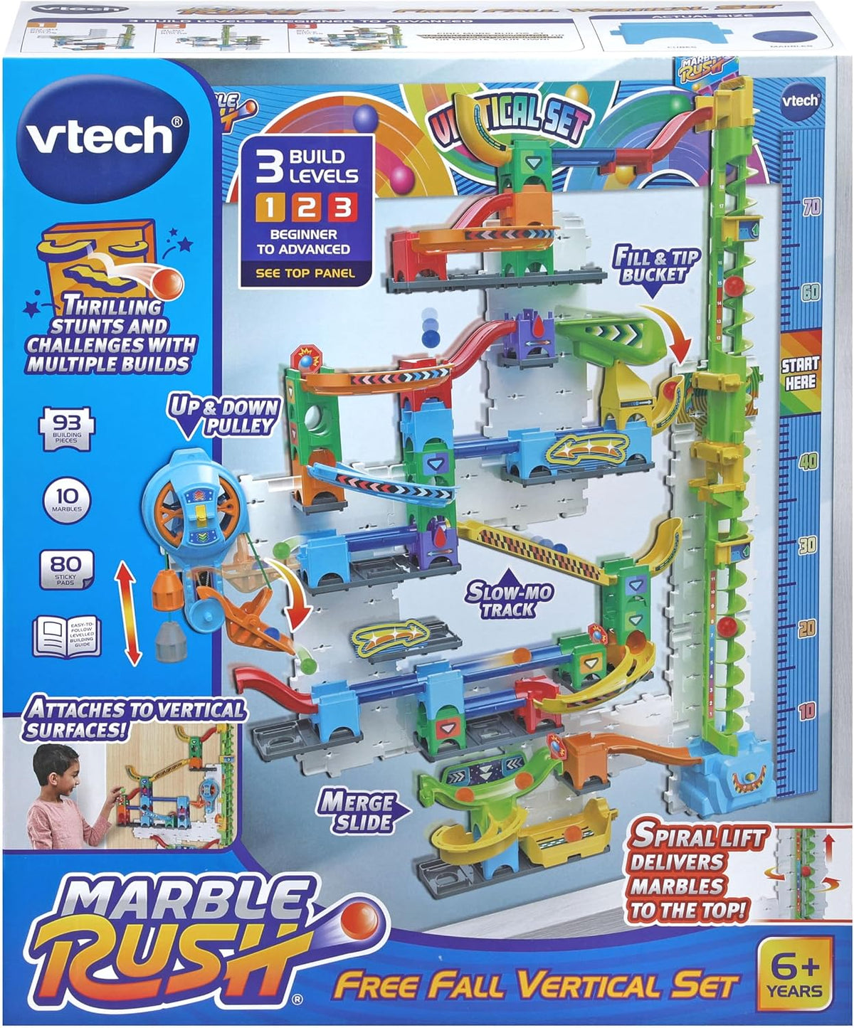 VTech Marble Rush Free Fall Vertical Set with Motorized Lift, 84 Pieces & 10 Marbles