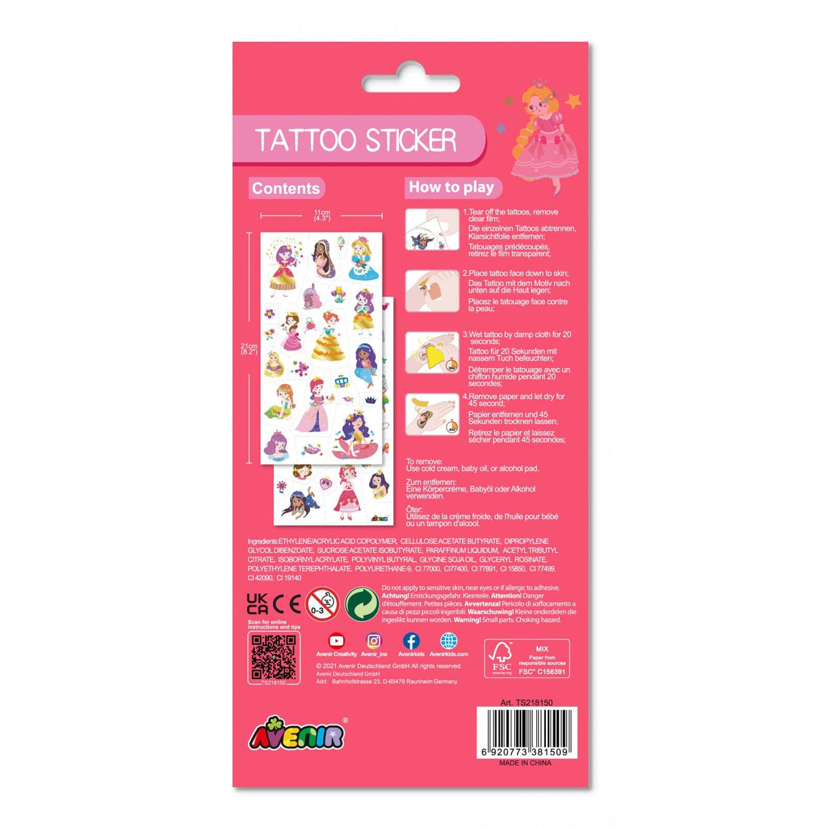 Avenir Tattoo Sticker - Princess | 52pc Set of Temporary Tattoos - High-Quality Water-Based Ink - Safe and Easy to Apply and Remove - Lasts 3-5 Days for Kids 3+