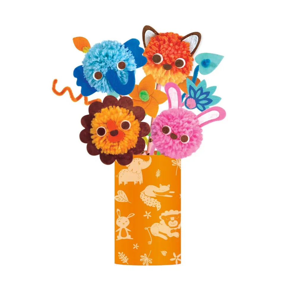 Avenir - Pom Pom Bouquet - Animals  Multicolor |  activity for kids |  pre-cut felts and felt stickers |  Perfect work of art to keep for room decoration or to give as a gift | ages 3+