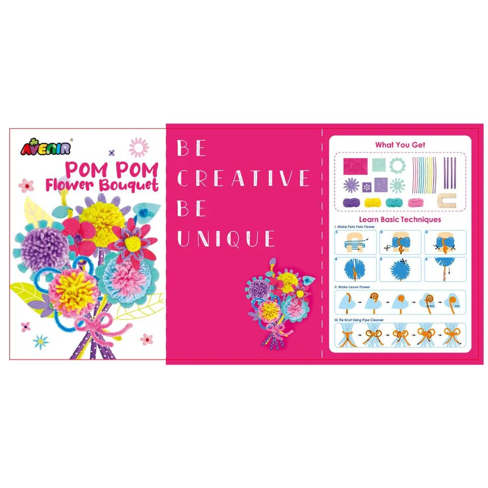 Avenir - Pom Pom Bouquet - Flowers Multicolor |  activity for kids |  pre-cut felts and felt stickers |  Perfect work of art to keep for room decoration or to give as a gif | ages 3+