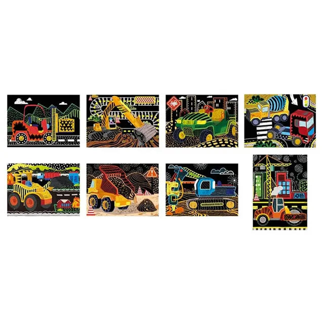 Avenir Scratch Art Kit – Construction | Unleash Creativity with Vibrant Drawings! 4 Themed Scratch Boards and Scratch Tool | Watch Brilliant Colors Unfold, Engaging Activity for Young Artists 3+