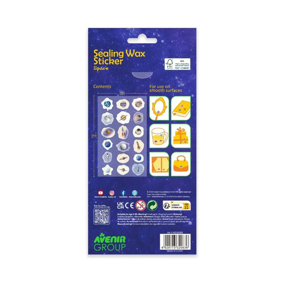 Avenir - Sealing Wax Stickers 10 pack - Space  Multicolour | fabulous sealing wax stickers showcasing a collection of space objects | Ages3+