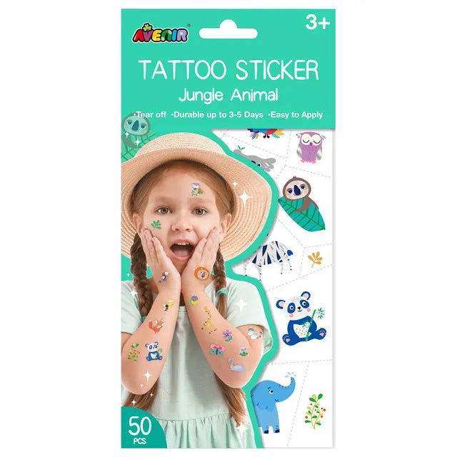 Avenir Tattoo Sticker - Jungle Animal Series | 50pc Set of Temporary Tattoos - High-Quality Water-Based Ink - Safe and Easy to Apply and Remove - Lasts 3-5 Days for Kids 3+