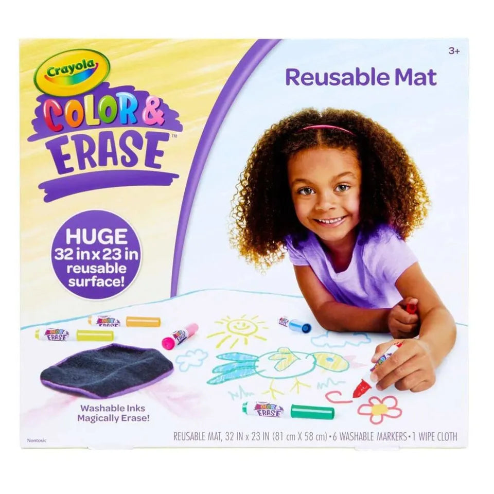 Crayola Color & Erase Reusable Mat | The mat's generous dimensions of 32" x 23" provide a large canvas for kids to explore their artistic talents |  It comes with 6 washable markers, and 1 Wipe | Ages 3+