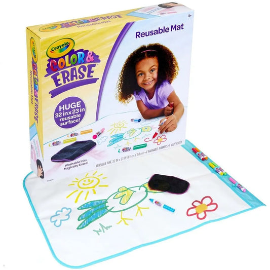 Crayola Color & Erase Reusable Mat | The mat's generous dimensions of 32" x 23" provide a large canvas for kids to explore their artistic talents |  It comes with 6 washable markers, and 1 Wipe | Ages 3+