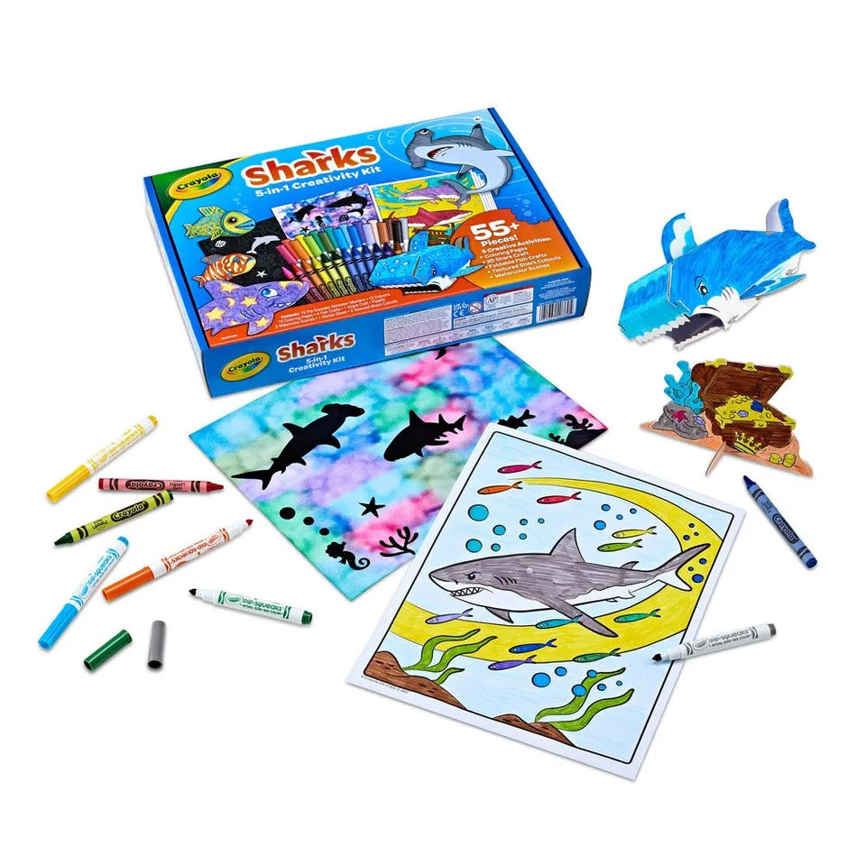 Crayola Sharks 5-in-1 Creativity Kit – Ocean-Themed Art Set with Crayons, Markers, Buildable Sharks & More, Gift for Kids Ages 5+