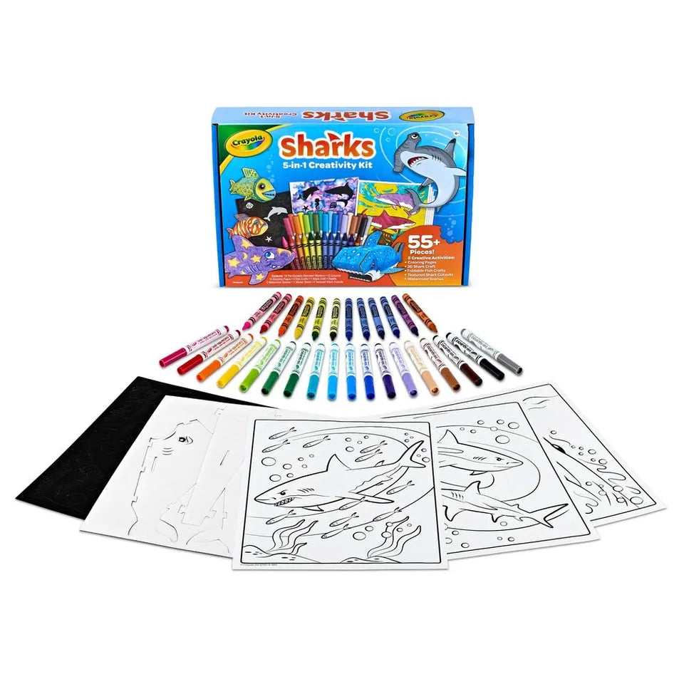 Crayola Sharks 5-in-1 Creativity Kit – Ocean-Themed Art Set with Crayons, Markers, Buildable Sharks & More, Gift for Kids Ages 5+
