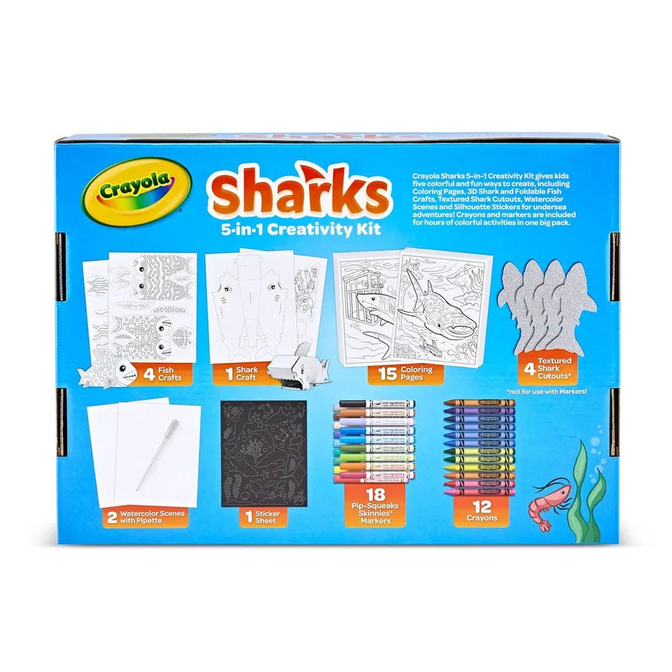 Crayola Sharks 5-in-1 Creativity Kit – Ocean-Themed Art Set with Crayons, Markers, Buildable Sharks & More, Gift for Kids Ages 5+