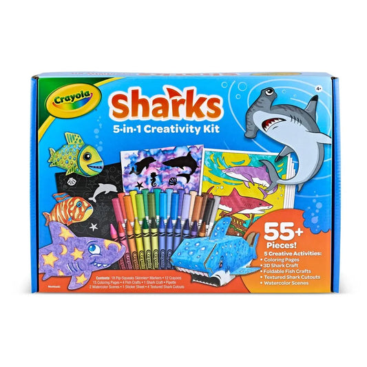 Crayola Sharks 5-in-1 Creativity Kit – Ocean-Themed Art Set with Crayons, Markers, Buildable Sharks & More, Gift for Kids Ages 5+