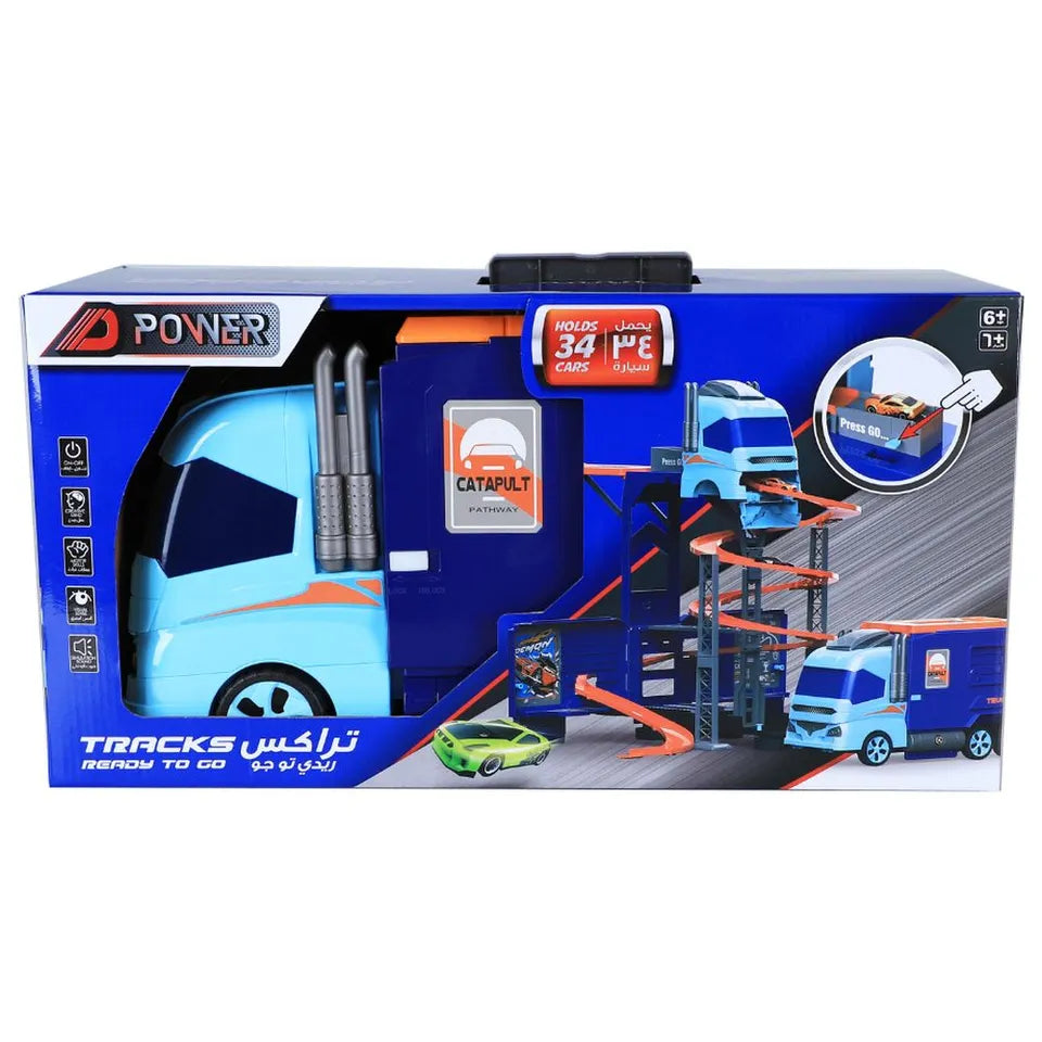 D-Power – Super Transformer Construction Truck | 2in1 - Truck & Track Set, 6 Cars and Sign Boards included, 3+ yrs | Blue