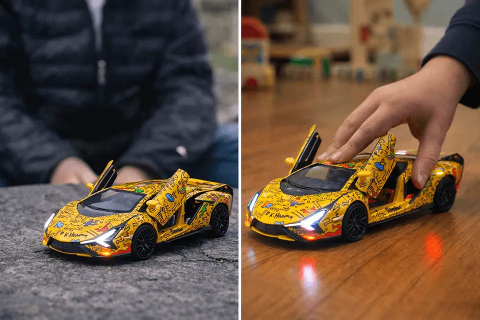 D-Power 1:32 Die-Cast Lamborghini Sian FKP 37 Keith Haring Edition Yellow with Lights & Sound