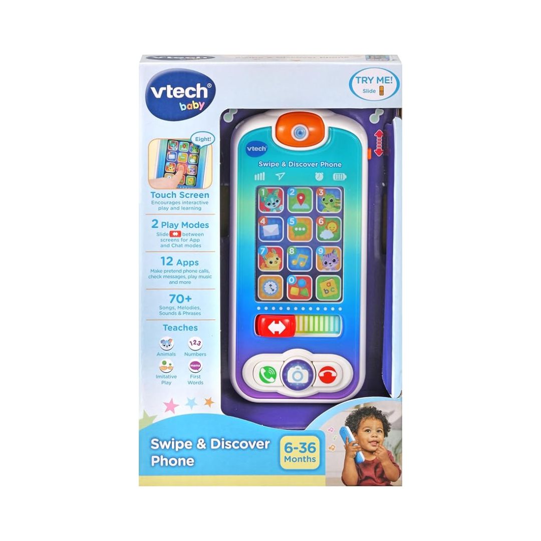 VTech Swipe & Discover Phone, Play Phone for Baby Girls & Boys, Interactive Toy with Lights and Sounds, Phone Toys for Babies, Learning Toy with Animals and Numbers, Ages 6 Months+, English Version