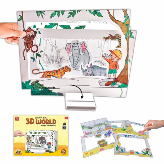 UnikPlay 3D World Jungle Adventure Art & Craft Kit for Kids | DIY 3D Jungle Diorama with Animals | Coloring, Assembly & Creative Play | Educational Toy for Ages 5+
