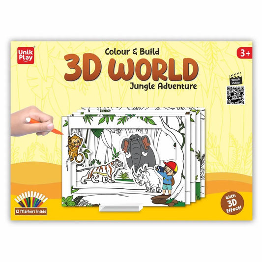 UnikPlay 3D World Jungle Adventure Art & Craft Kit for Kids | DIY 3D Jungle Diorama with Animals | Coloring, Assembly & Creative Play | Educational Toy for Ages 5+