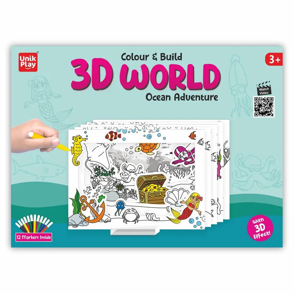 UnikPlay 3D World Ocean Adventure Art & Craft Kit for Kids | DIY 3D Ocean Diorama with Sea Life & Mermaids | Coloring & Creative Play Set | Educational Toy for Ages 5+