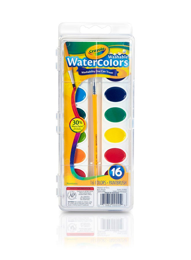 Crayola Washable Watercolors Pans with Plastic Handled Brush, 16 Count