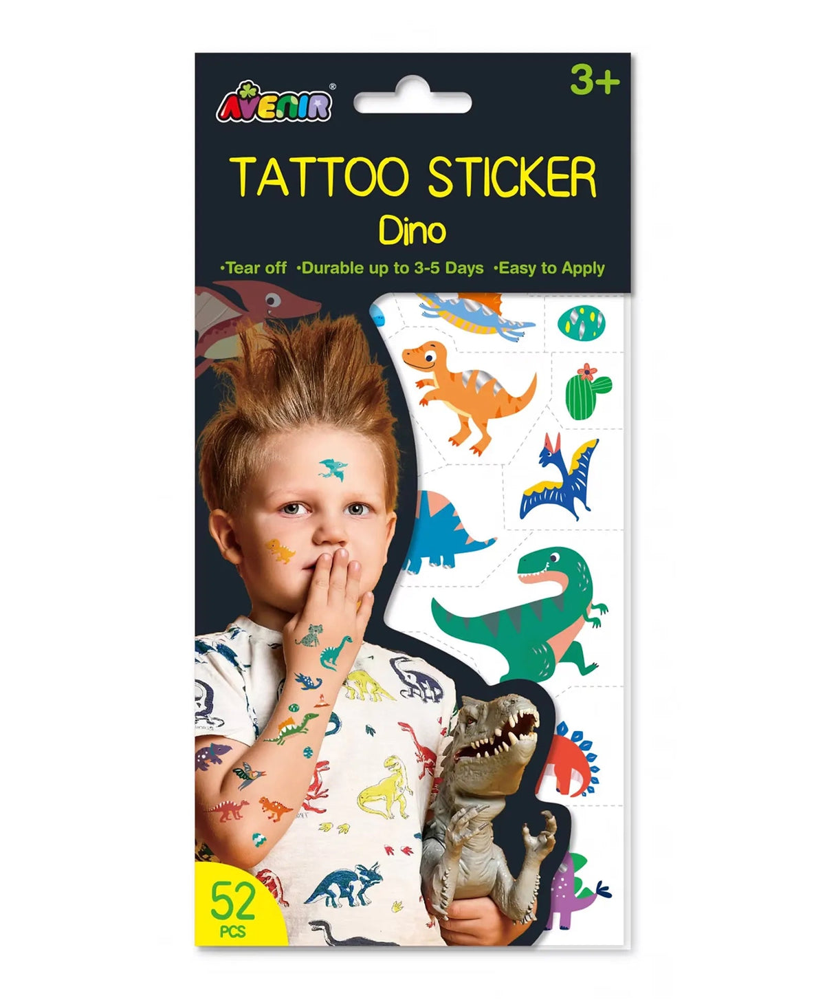 Avenir Tattoo Sticker - Dino | 52pc Set of Temporary Tattoos - High-Quality Water-Based Ink - Safe and Easy to Apply and Remove - Lasts 3-5 Days for Kids 3+