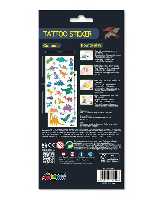 Avenir Tattoo Sticker - Dino | 52pc Set of Temporary Tattoos - High-Quality Water-Based Ink - Safe and Easy to Apply and Remove - Lasts 3-5 Days for Kids 3+
