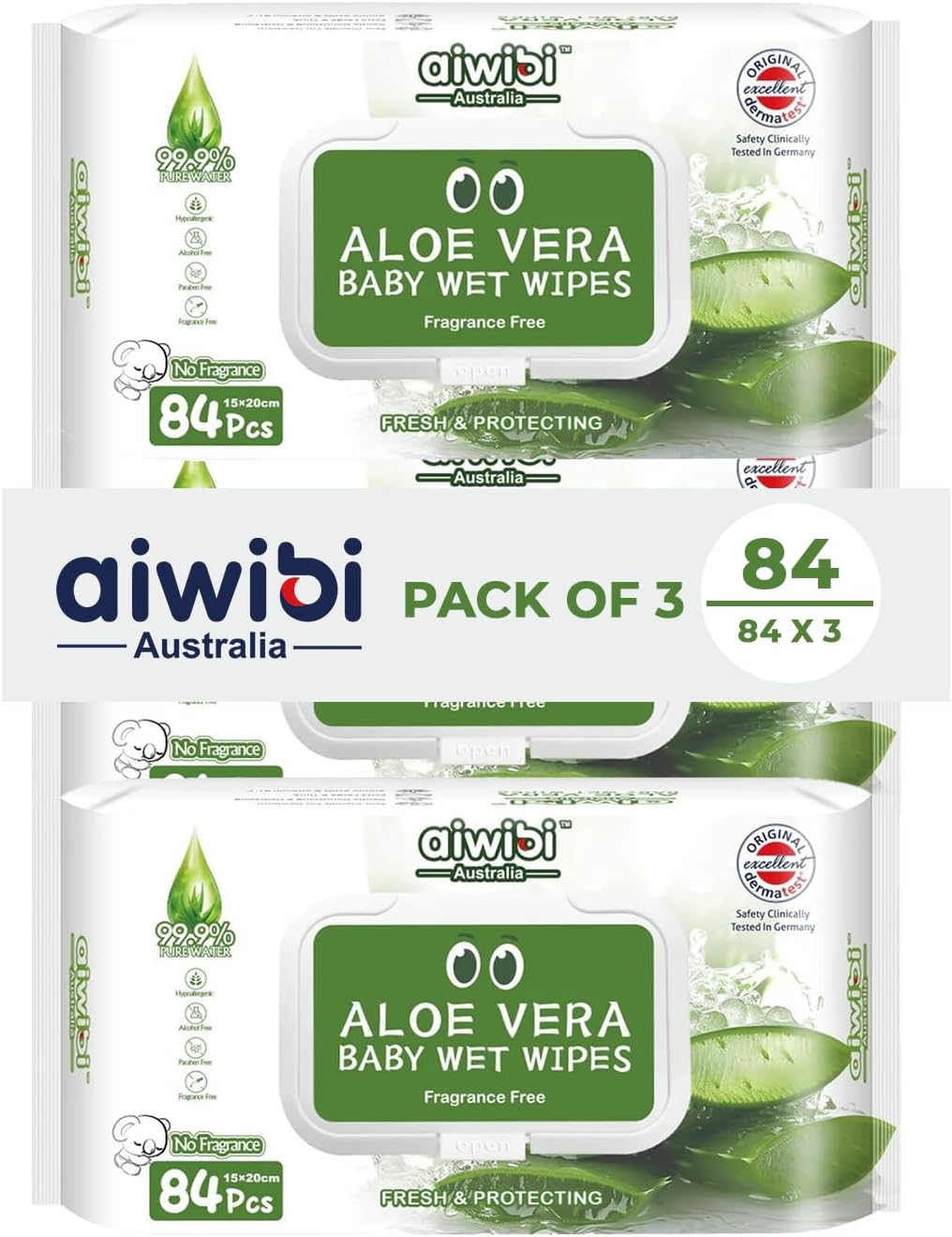 Aiwibi 100% Skin-friendly Baby Wet Wipes 84 Sheets- Pack of 3 (252 Pcs) Baby Wipes Ultra-Soft Wet Wipes - Paraben & Alcohol Free for Newborns Sensitive Skin Wipes (Pack of 3, Aloe Vera)
