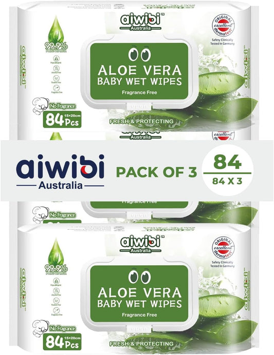 Aiwibi 100% Skin-friendly Baby Wet Wipes 84 Sheets- Pack of 3 (252 Pcs) Baby Wipes Ultra-Soft Wet Wipes - Paraben & Alcohol Free for Newborns Sensitive Skin Wipes (Pack of 3, Aloe Vera)