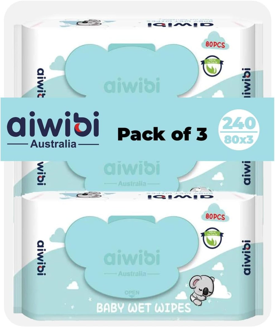 Aiwibi Soft Care Baby Wet Wipes (Natural Tea Tree Oil)- Pack of 3 Pouches x 80Sheets, 240 Wipes