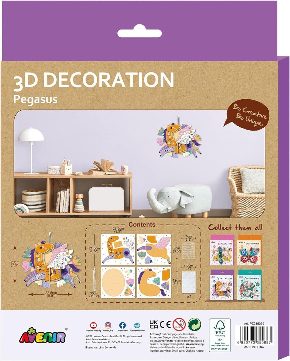 Avenir 3D Decoration - Pegasus Kit | Turn Your Wall into a Zoo! Create 3D Decorations with Pre-Cut Cardboard Puzzle Pieces | Thoughtful and Creative Gift Option for Kids 3+