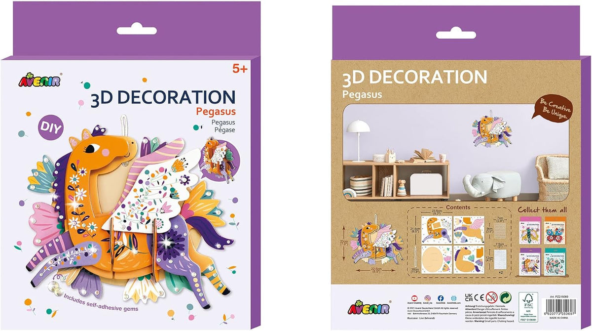 Avenir 3D Decoration - Pegasus Kit | Turn Your Wall into a Zoo! Create 3D Decorations with Pre-Cut Cardboard Puzzle Pieces | Thoughtful and Creative Gift Option for Kids 3+
