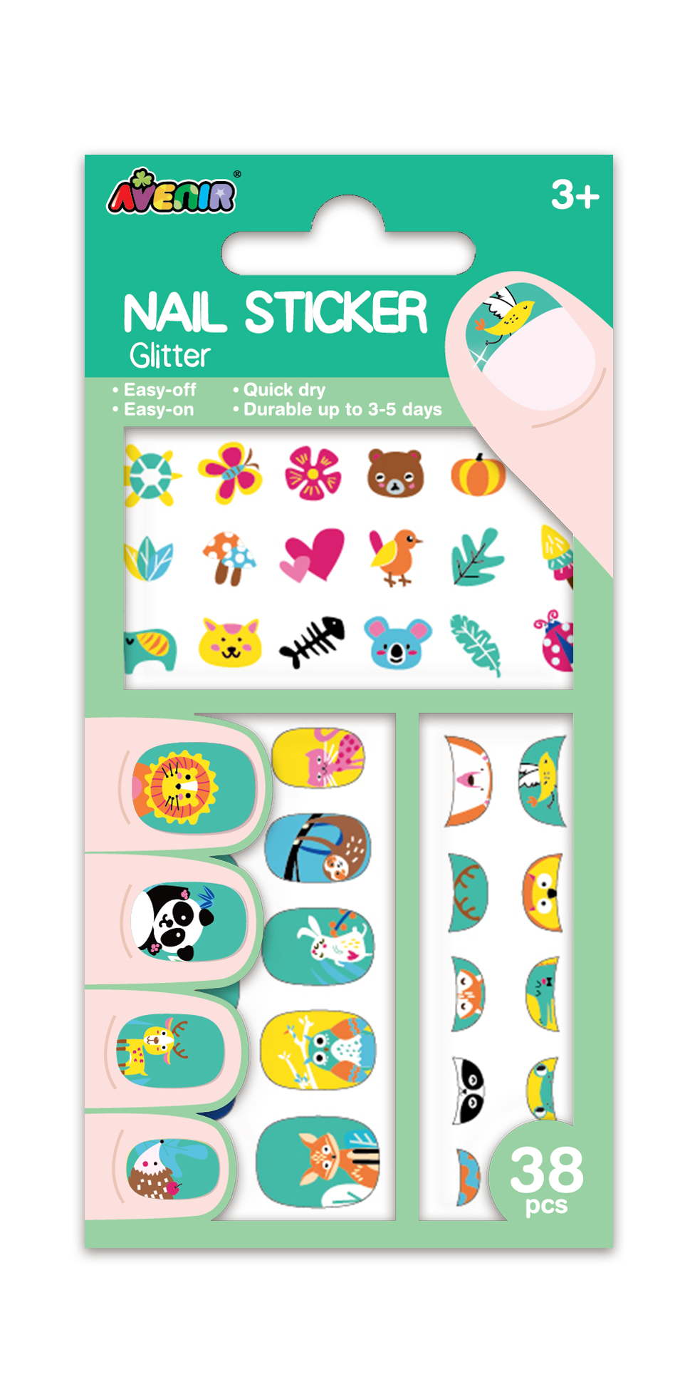 Avenir - Nail Stickers Glitter  -  Animals  | Trendy Themed Designs! With 38 Colorful and Temporary Stickers Fashionable Kids - Easy to Use and Remove - Perfect Fashion Activity & Ideal Gifts for Girls 3+