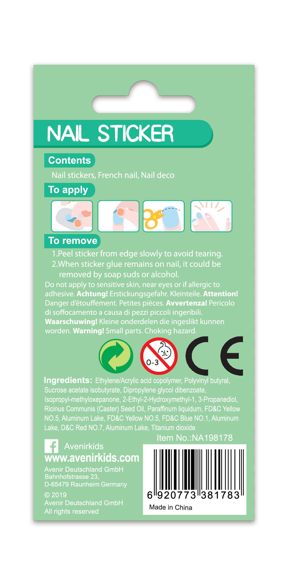 Avenir - Nail Stickers Glitter  -  Animals  | Trendy Themed Designs! With 38 Colorful and Temporary Stickers Fashionable Kids - Easy to Use and Remove - Perfect Fashion Activity & Ideal Gifts for Girls 3+