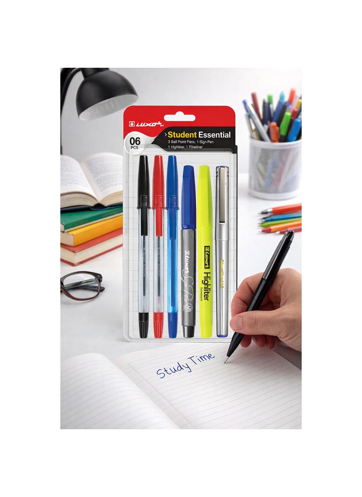 Luxor Student Essential Stationery Kit | Ball Point Pens, Sign Pen, Highlighter & Fineliner | Writing & Study Essentials for School & College