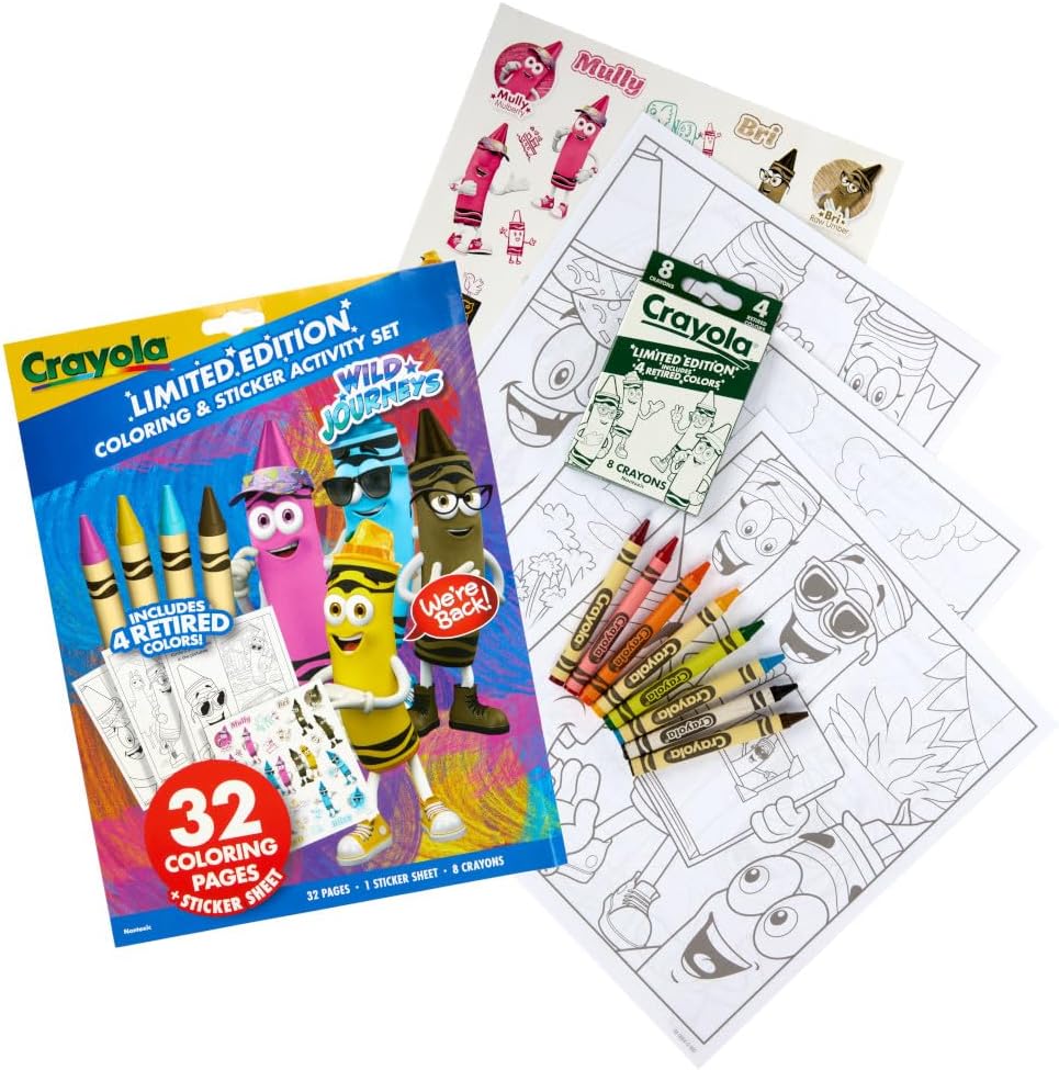 Crayola Retired Colors Wild Journeys Coloring & Activity Set – 32 Pages, Classic Retired Crayons & Stickers, Gift for Kids Ages 3+