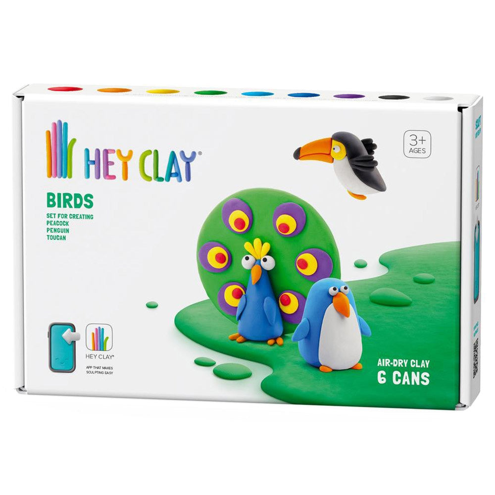 HEY CLAY -DIY Birds: Toucan, Penguin, Peacock Plastic Creative Modelling Air-Dry Clay For Kids 6 Cans