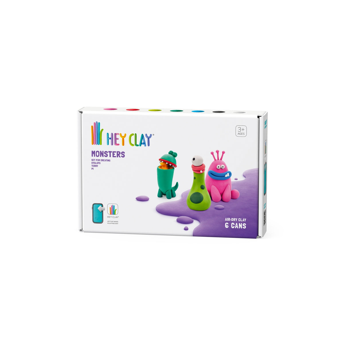 HEY CLAY -DIY Monsters: Terry, Pi, Bigwig Plastic Creative Modelling Air-Dry Clay For Kids 6 Cans