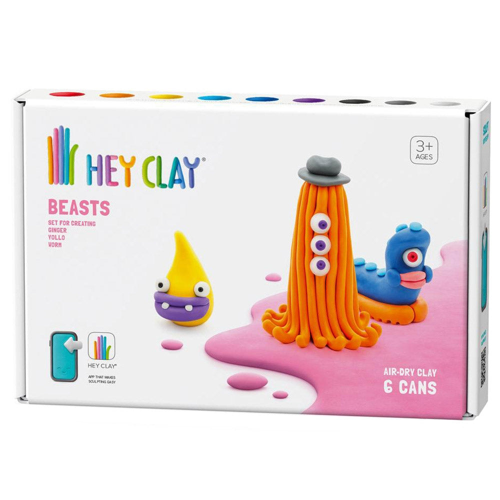 HEY CLAY -DIY Beasts: Worm, Ginger, Drop Plastic Creative Modelling Air-Dry Clay For Kids 6 Cans